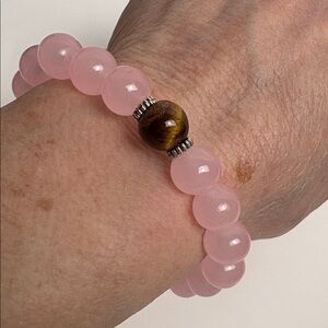 Tigers Eye 10mm Pink Rose Glass Stretch Bracelet Handmade
